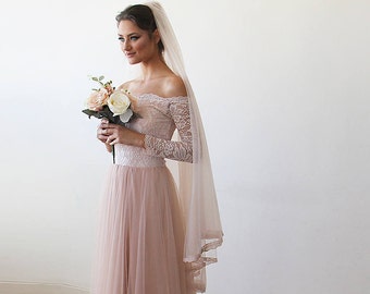 Pink Off-The-Shoulder Wedding Lace and Tulle Train, Pink Wedding Gown with  Lace and Tulle Train 1162