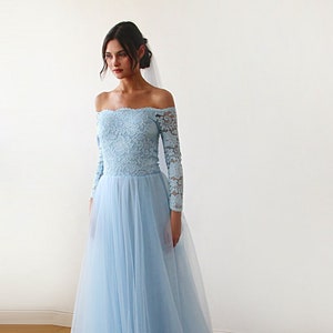 Light blue Off-The-Shoulder Dress Train ,Pastel wedding dress #1162