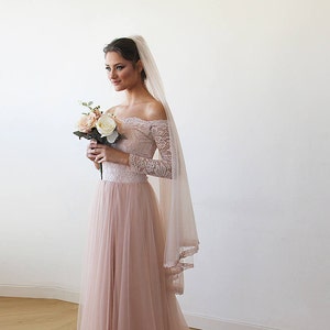 Pink Off-The-Shoulder Wedding Lace and Tulle Train, Pink Wedding Gown with Lace and Tulle Train 1162