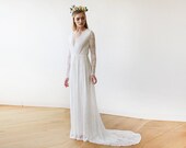 Ivory Train Wedding Dress, Ivory Wedding Gown, Wrap Floral Lace Wedding Dress, Long Sleeve Wedding Gown, Ivory Floral Lace Wedding Gown 1151