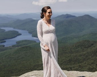 Maternity Ivory Blush Vintage Style Long Sleeves lace wedding dress  #1258