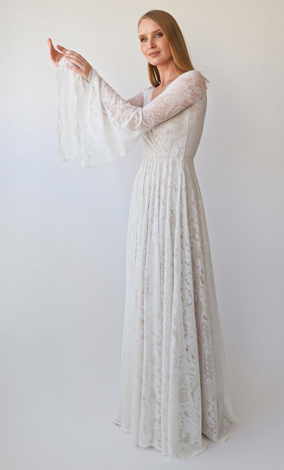 chinese dress ladies Long-Sleeve Lace Fit-and-Flare Mermaid Wedding Dress with Illusion Bac –  Think Bridal main image 0