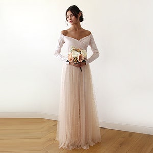 Off-Shoulder Light Peach pearls tulle pearl Dress, Pastel wedding dress #1178