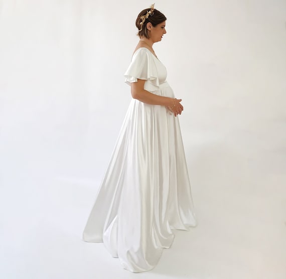 Ivory Satin Maternity Wedding Dress: Elegant Butterfly Sleeves