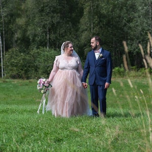 Blush pink wrap lace bohemian wedding dress, butterfly sleeves  ,Pastel wedding dress #1355