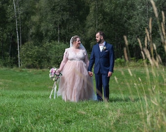 Blush pink wrap lace bohemian wedding dress, butterfly sleeves  ,Pastel wedding dress #1355