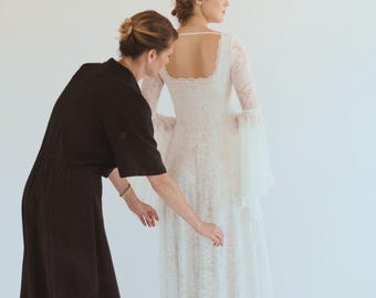 Boho Lace Wedding Dress: Bell Sleeves, Champagne Lining, Vintage Bridal Gown