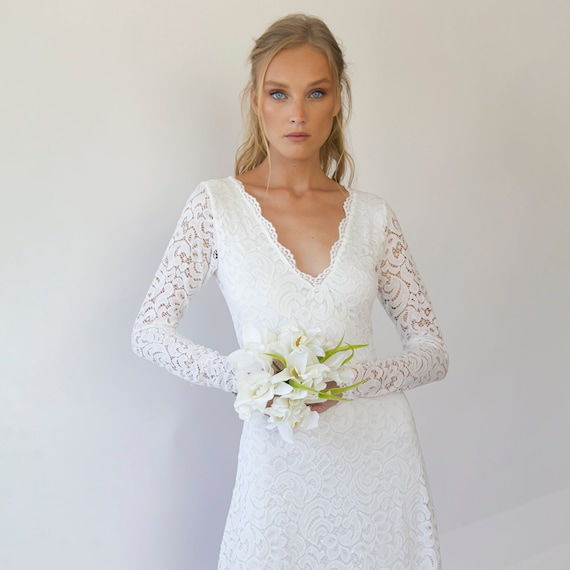 Bohemian Ivory V Neckline Wedding Dress 1310 | Etsy