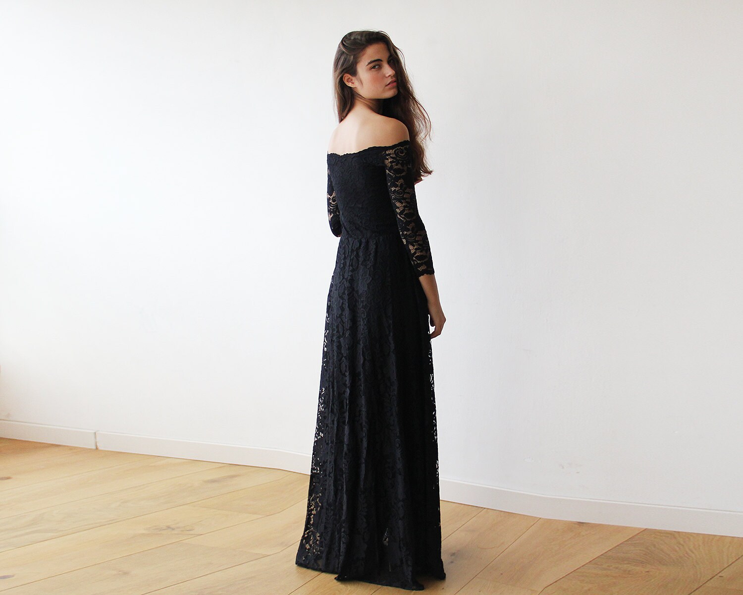 Black Floral Lace Maxi Dress: Off-The-Shoulder Bridal Gown