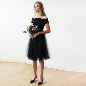 SALE Black Off-the-Shoulders Tulle & Lace Midi Short Sleeves Dress 1153 image 1