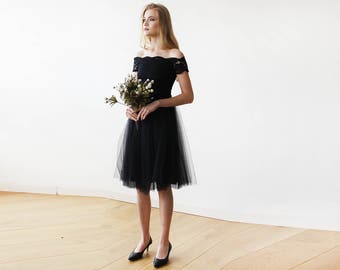 SALE  Black Off-the-Shoulders Tulle & Lace Midi Short Sleeves Dress 1153