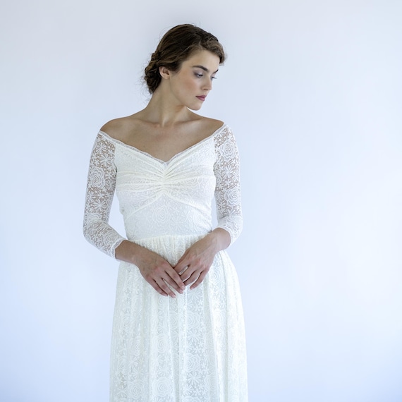 off the shoulder wedding dress with 3 4 sleeves 3/4 Sleeve Trumpet/Mermaid Off-The-Shoulder Covered Button Sweep Train Satin Wedding Dress With Appliqued - Wedding Dresses