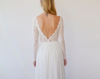 Ivory  Vintage Lace Long Sleeves, Backless wedding dress V neckline  #1290