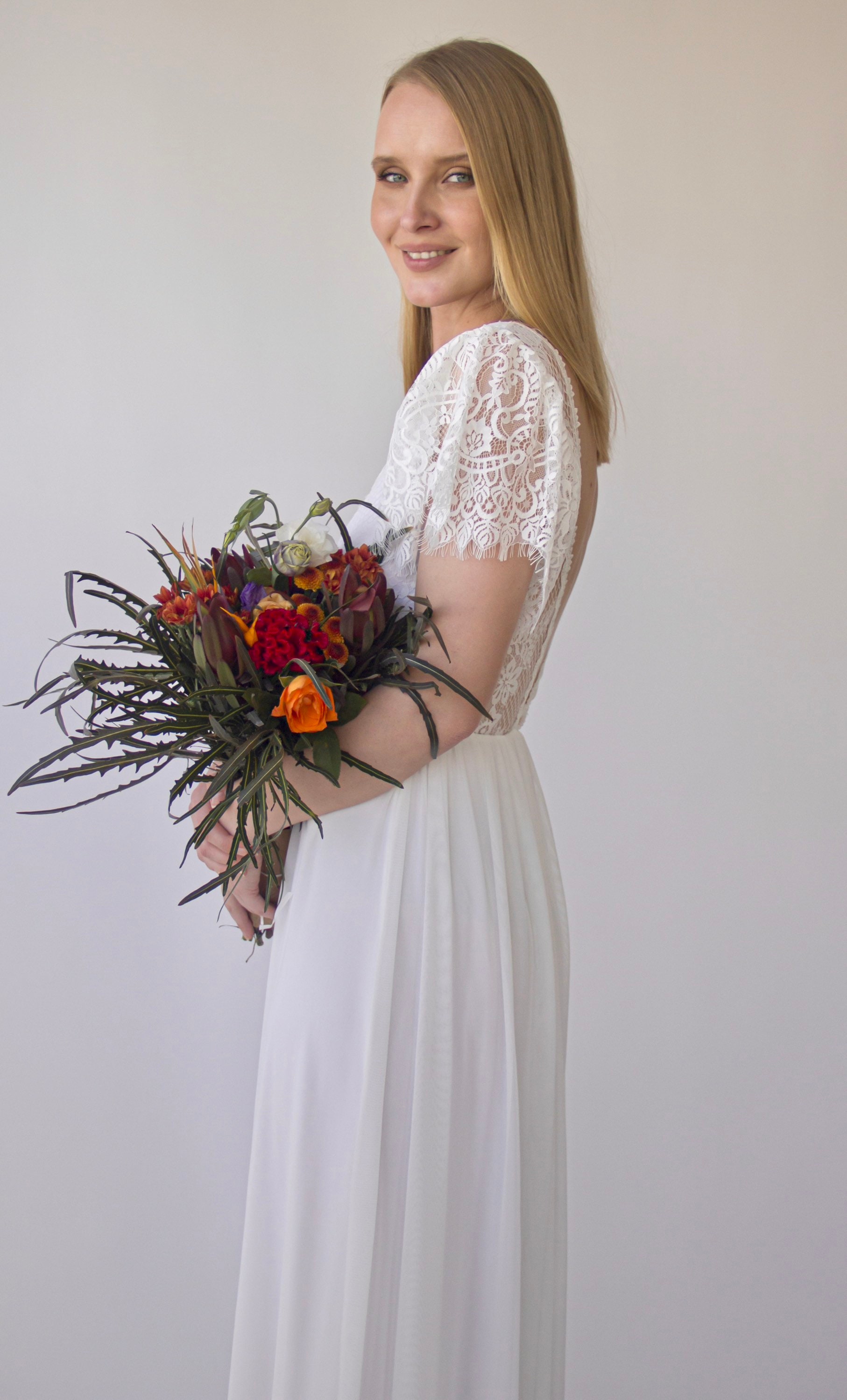 Ivory Vintage Lace Flutter Sleeves, Backless wedding dress, #1386