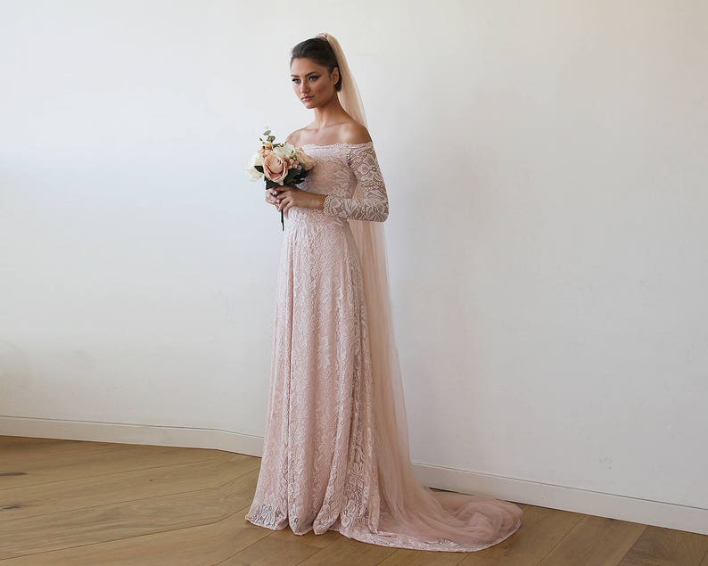 Baby Pink Off-The-Shoulder Dress With Train ,Pastel wedding dress 1148 image 3