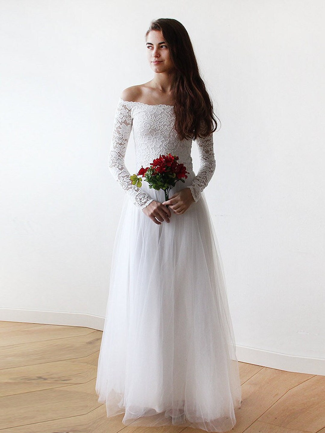 Off The Shoulder Ivory Wedding Dress With Long Sleeves Simple Bride Dress main image 0