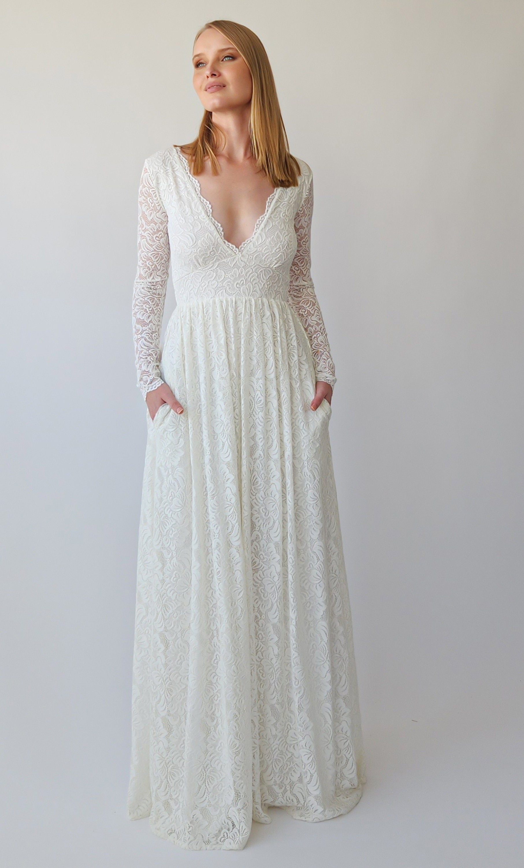 Empire Waist Maxi Dress, Bohemian V-neckline ,ivory Wedding