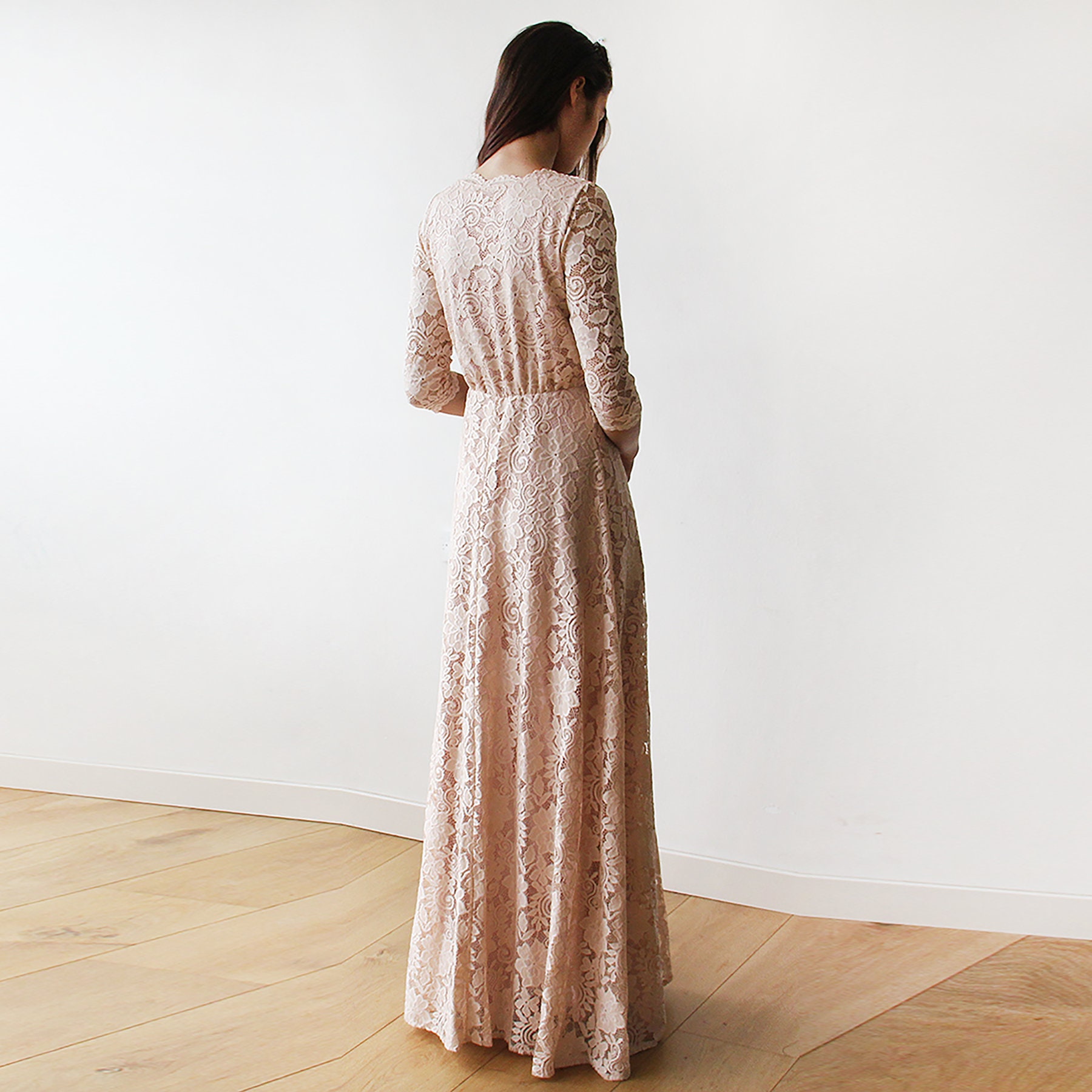 Boho Pink Blush Lace Wrap Dress ,Pastel Wedding Dress #1124