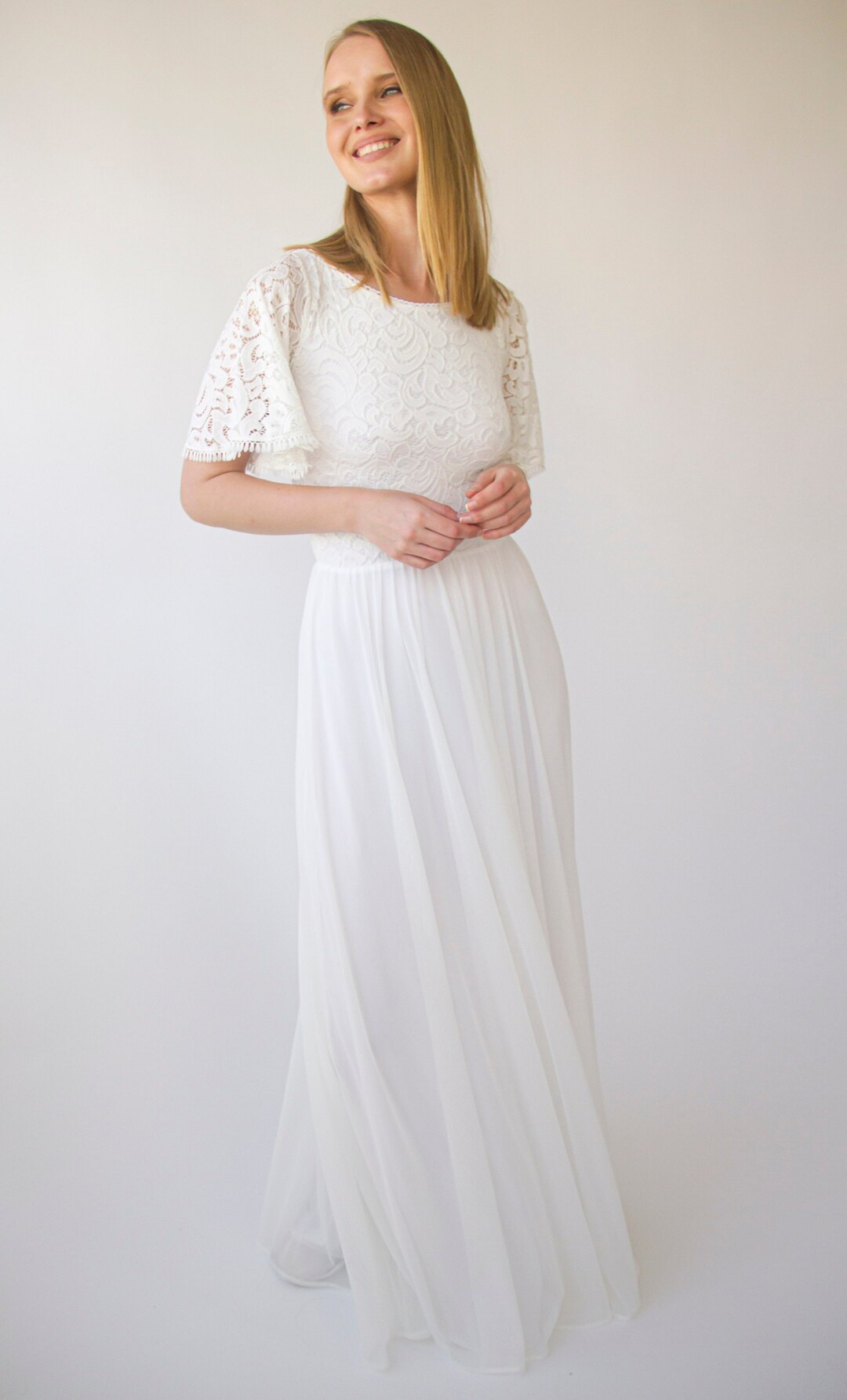 Bohemian Butterfly Sleeves Modest Ivory Wedding Dress With - Etsy