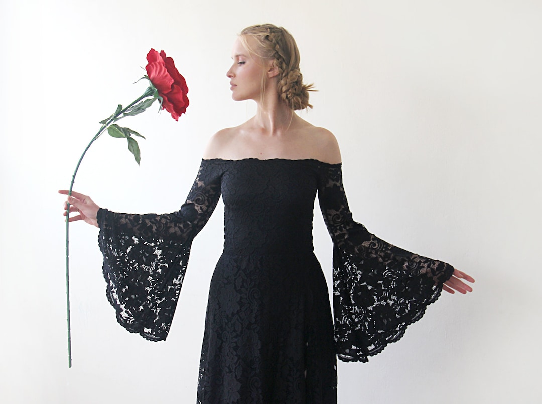 Off-Shoulder Black Lace Dress: Long Bell Sleeves, Bohemian Formal Gown