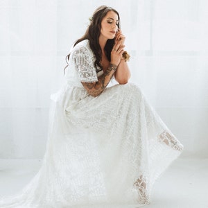 Ivory Wrap lace bohemian wedding dress with pockets and train #1423