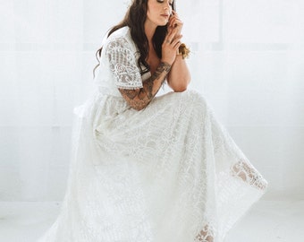 Ivory Wrap lace bohemian wedding dress with pockets and train #1423