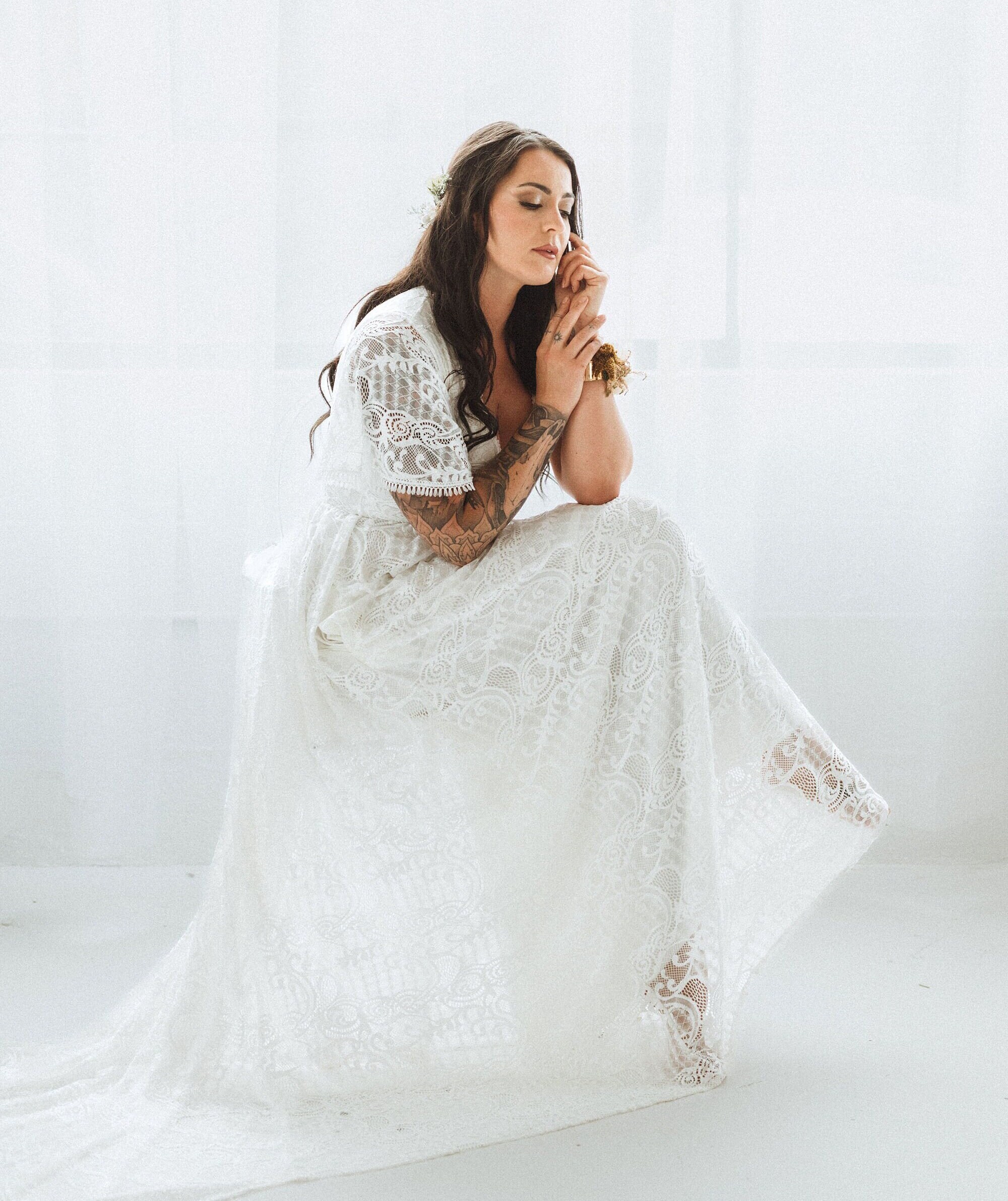 Ivory Wrap lace bohemian wedding dress with pockets and train #1423