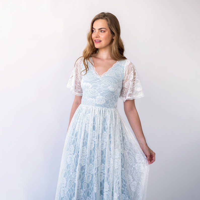 New Collection Light Blue Butterfly sleeves bohemian wedding dress 1428 image 7