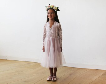Midi Pink Tulle & lace long sleeves Flower Girls Dress #5044