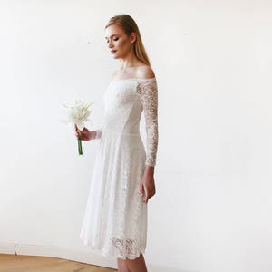 Short wedding dress , Ivory Off-The-Shoulder Midi Dress with long sleeves #1149