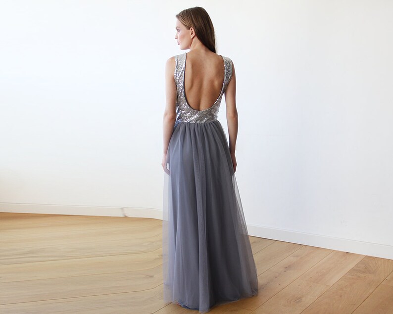 Sleeveless Silver And Grey Sequins Maxi Tulle Dress With Etsy 