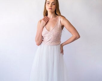 Bridal set, Pearly Tulle skirt, and Blush Pink Sequins sleeveless tank top with V-neckline #1444