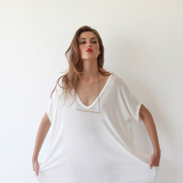 Oversize knit white tunic, Casual white knit dress, Beach cover up dress 1006