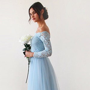 Light Blue Off-The-Shoulder Lace and Tulle gown ,Pastel wedding dress #1134