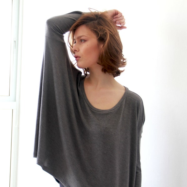 Oversize shirt , Gray Shirt , Women Top , Long sleeves top , Cropped top