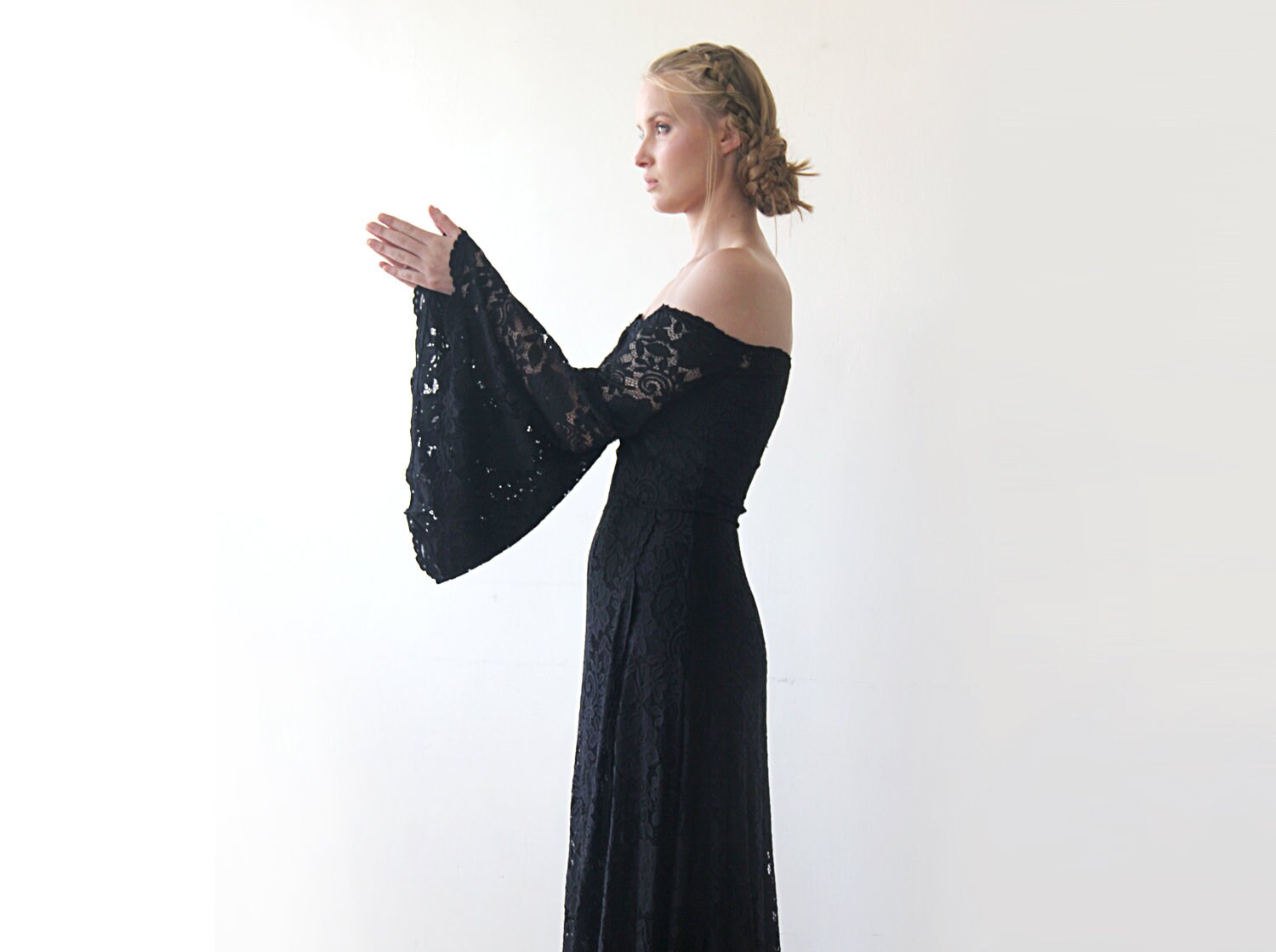 chinese dress ladies Long Bell Sleeve Lace Dress, Off-Shoulders Dress, Bohemian Black Dress #1201 main image 1