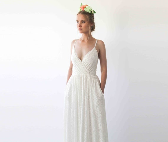 Wrap Straps Lace Wedding Dress Wedding Dress With Pockets Etsy