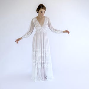 Boho Lace Wedding Dress | Long Sleeve Bridal Gown with Blush Lining and Deep V-Neck #1504