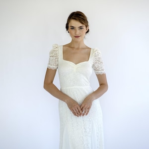 Vintage Lace Wedding Dress with Short Puff Sleeves | Sweetheart Neckline Bridal Gown | Romantic Boho Wedding Dress #1474