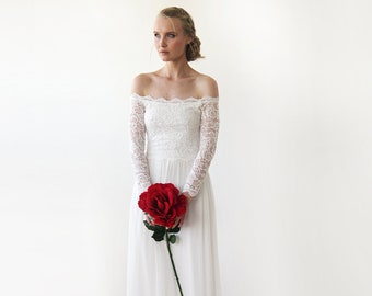 Ivory Off-The-Shoulder Lace & chiffon mesh Dress #1215