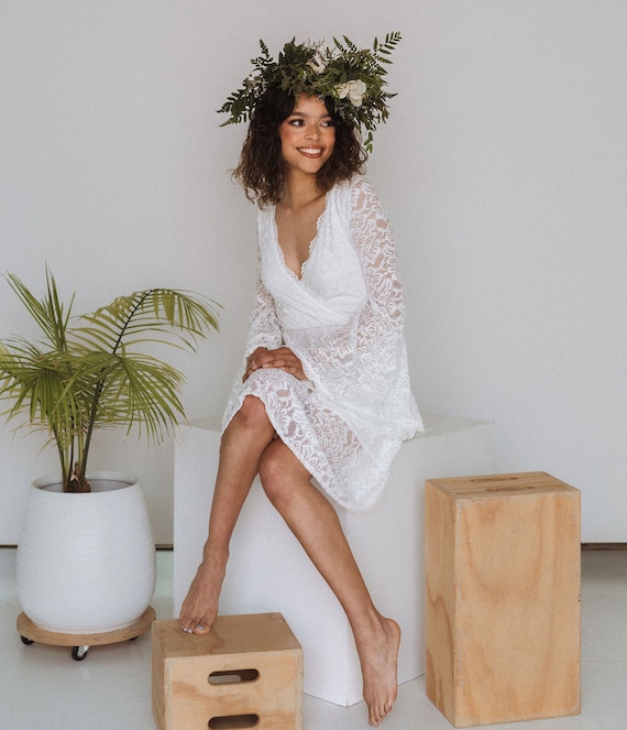 Ivory Lace Short Wedding Dress: Long Bell Sleeves Ivory Lace Short Wedding Dress: Long Bell Sleeves