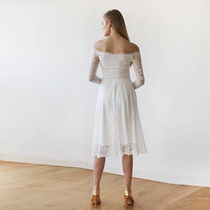 Short wedding dress , Ivory Off-The-Shoulder Floral Lace Long Sleeve Midi Dress 1149