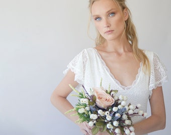 Ivory Lace Flutter Sleeves bohemian wedding dress ,chiffon mesh skirt Vintage Style 1285