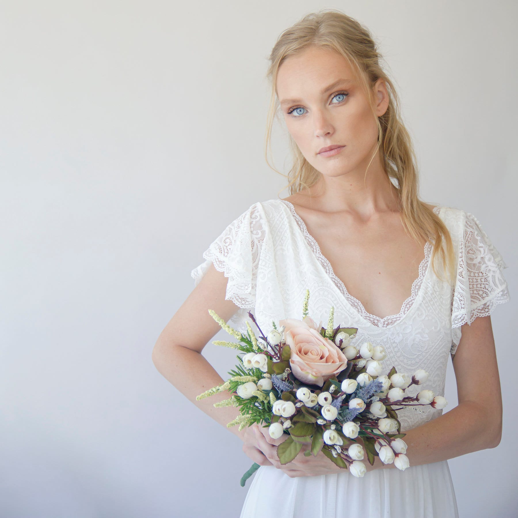 Ivory Lace Flutter Sleeves bohemian wedding dress ,chiffon mesh skirt Vintage Style 1285