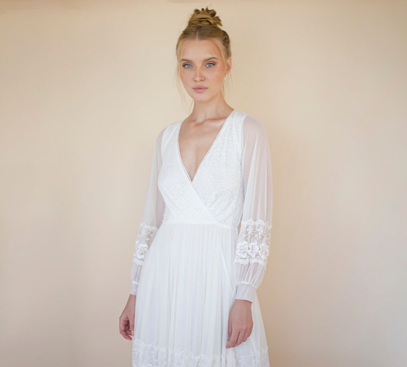 1930s Style Wedding Dresses | Art Deco Wedding Dress     Bestseller New Collection Ivory Wrap lace wedding dress with chiffon mesh sleeves #1352  AT vintagedancer.com