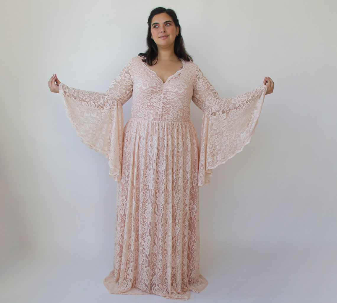 Rosette Lace Fringe Column Gown - Blush Pink