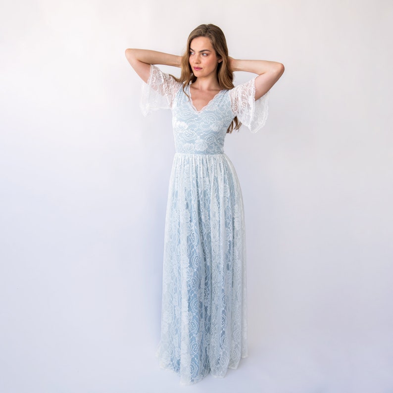 New Collection Light Blue Butterfly sleeves bohemian wedding dress 1428 image 8