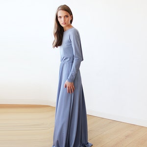 SALE Dusty blue Long Sleeve Maxi Dress With Open-back 1041 image 4