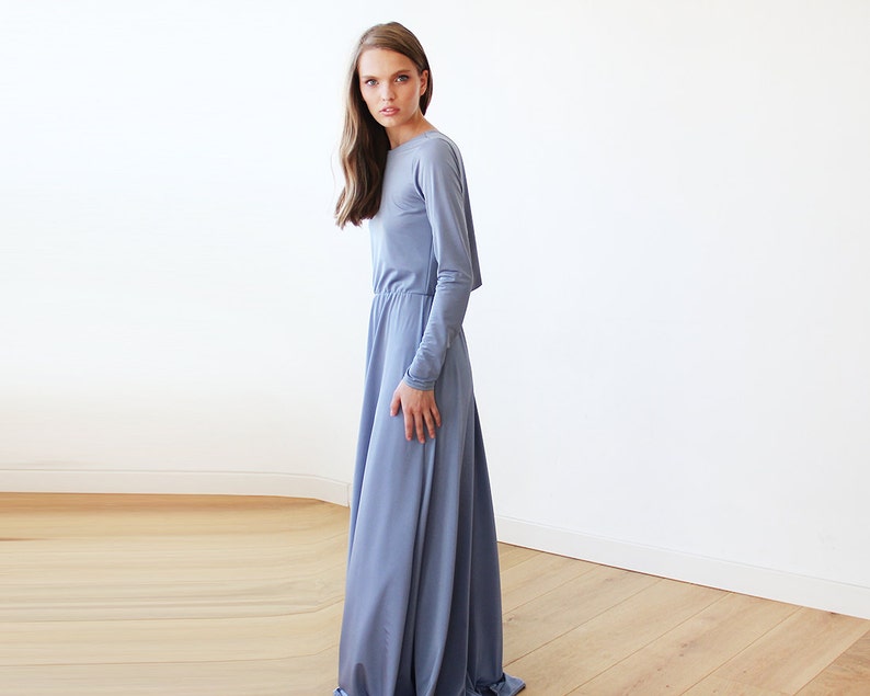 SALE Dusty blue Long Sleeve Maxi Dress With Open-back 1041 image 4