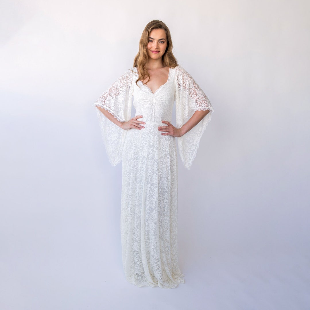 New Collection Angel Sleeves, Sweetheart Neckline, Ivory Wedding Dress, Long Lace Skirt #1426